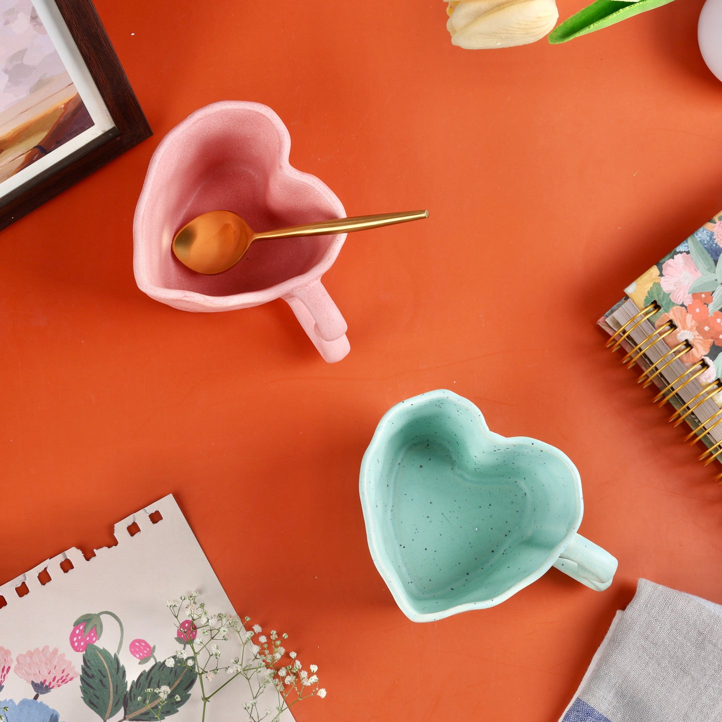 Handmade Pink and Teal Heart Shaped Mugs - Set of 2