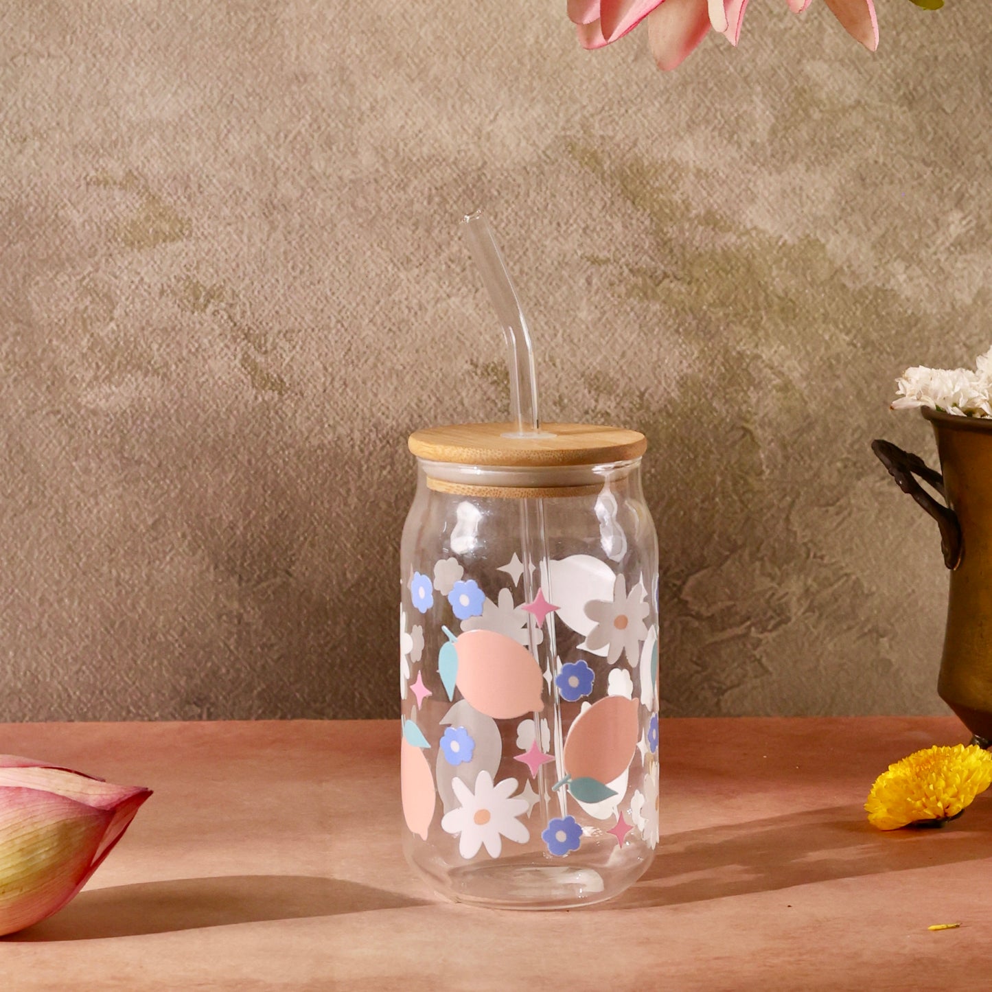 Peachy Affair Ophelia Glass Sipper - with UV DTF sticker