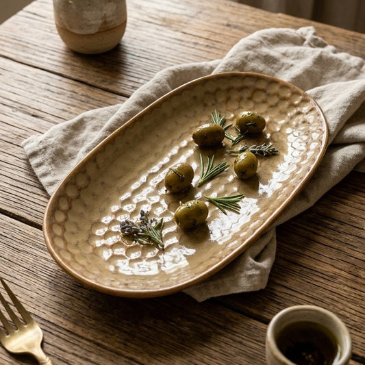 Beige Textured Rustic Oval Studio Pottery Platter