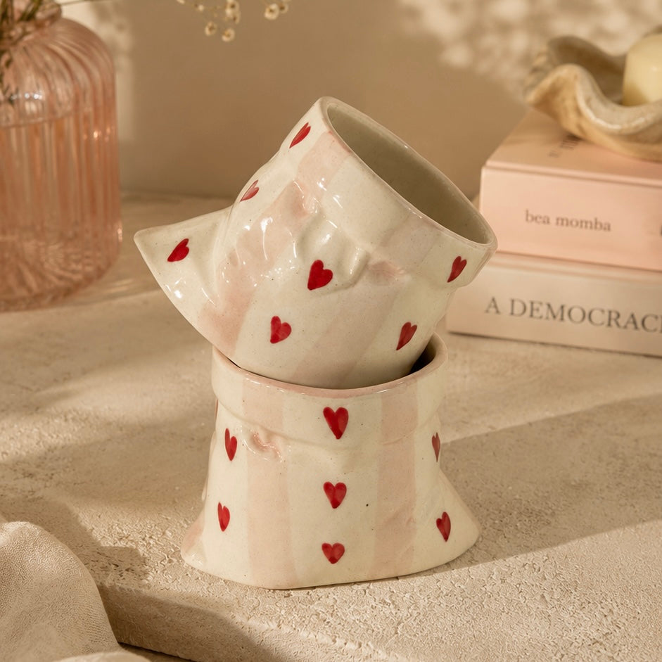 Handmade Pink Stripes Slouchy Handleless Mugs Small - Set of 2