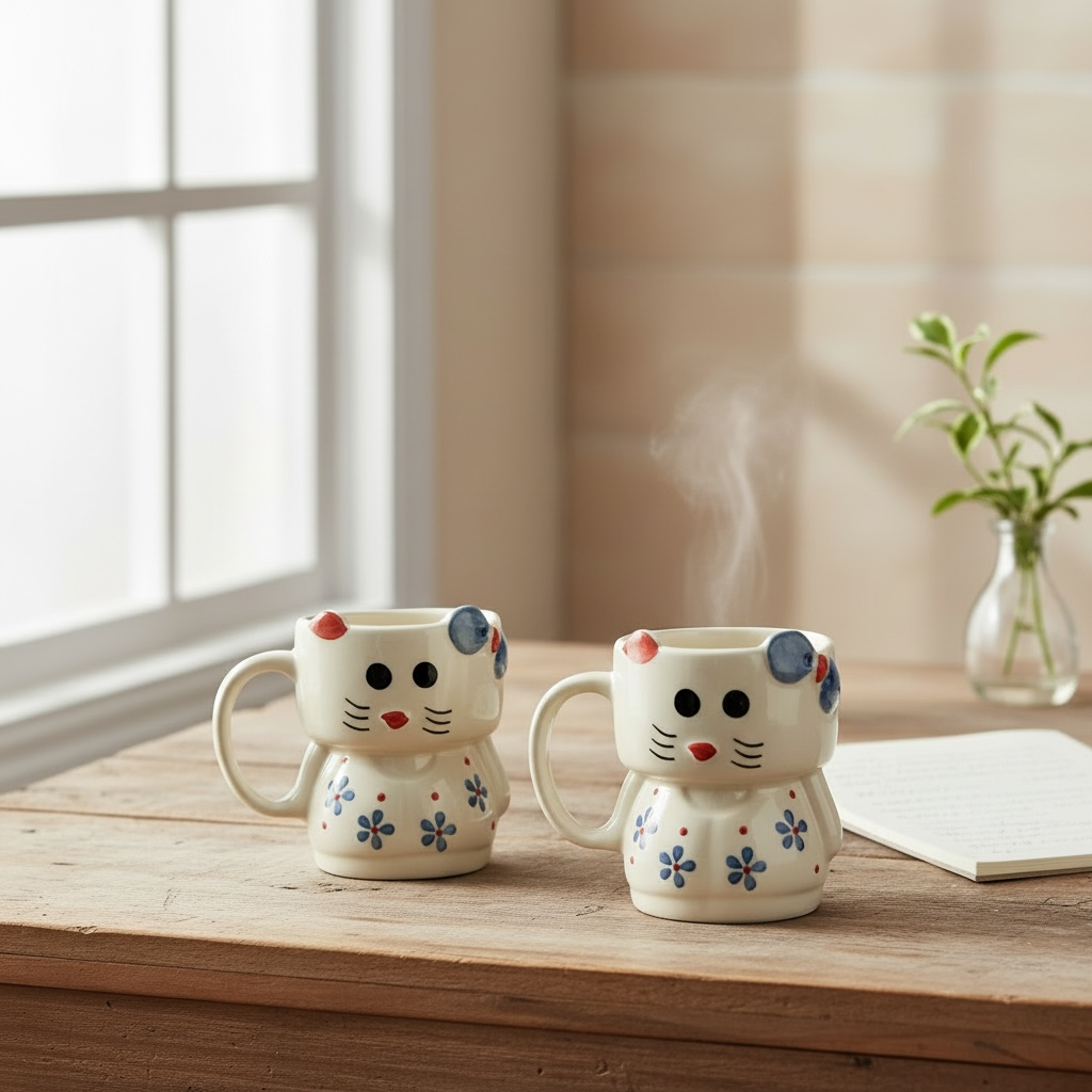 Snuggle Kitty Mugs with blooms - Set of 2