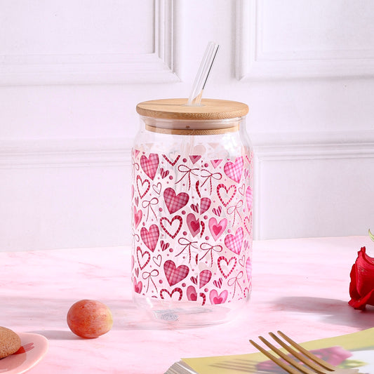 Gingham Pink Hearts and Bows Ophelia Glass Sipper - with UV DTF sticker