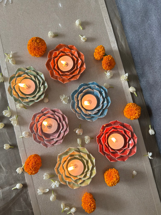Handmade Ceramic Flower t-light holder - Pack of 6 (assorted colours)
