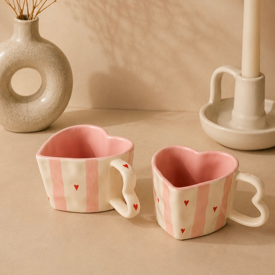 Handmade Pink Stripes Heart Shaped Mugs - Set of 2