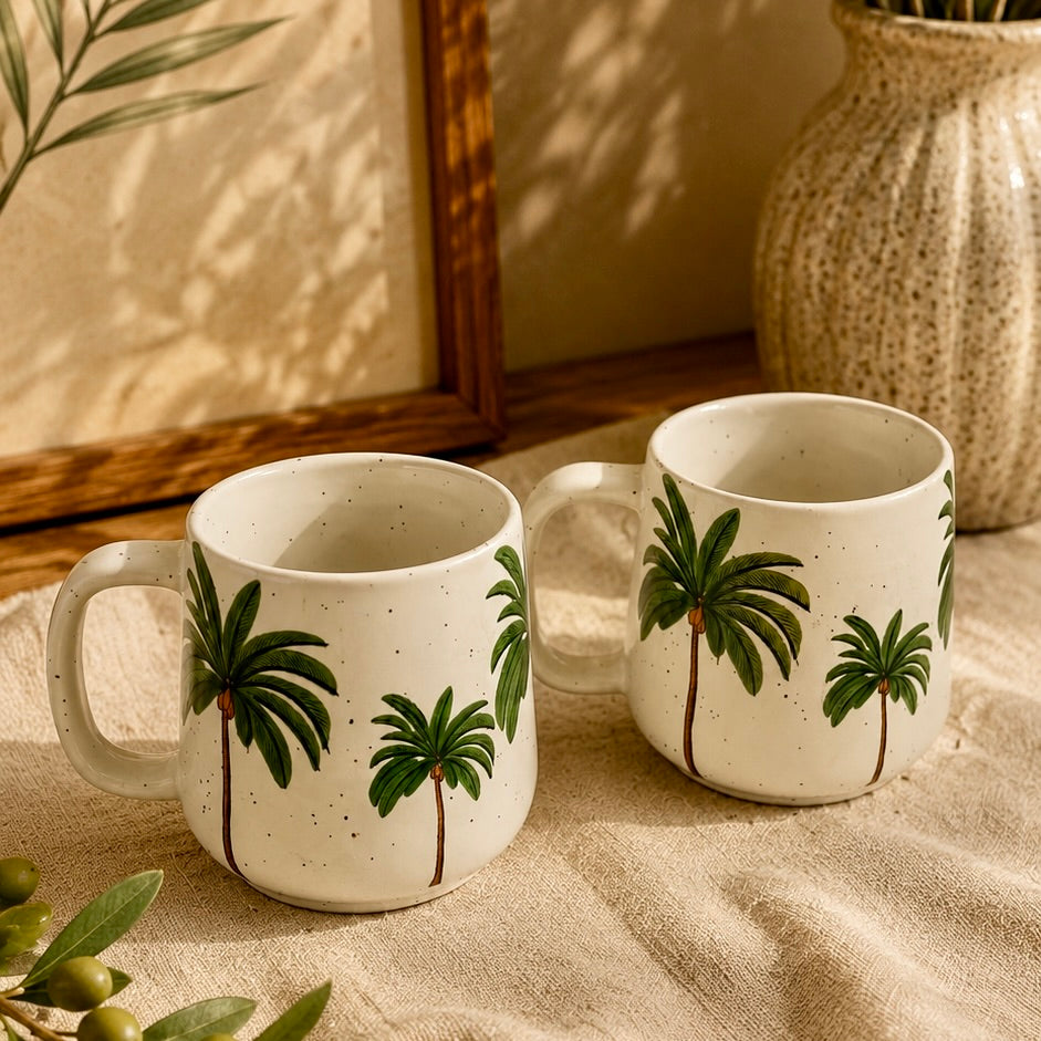 Serene Palm Printed Stoneware Mug - Set of 2