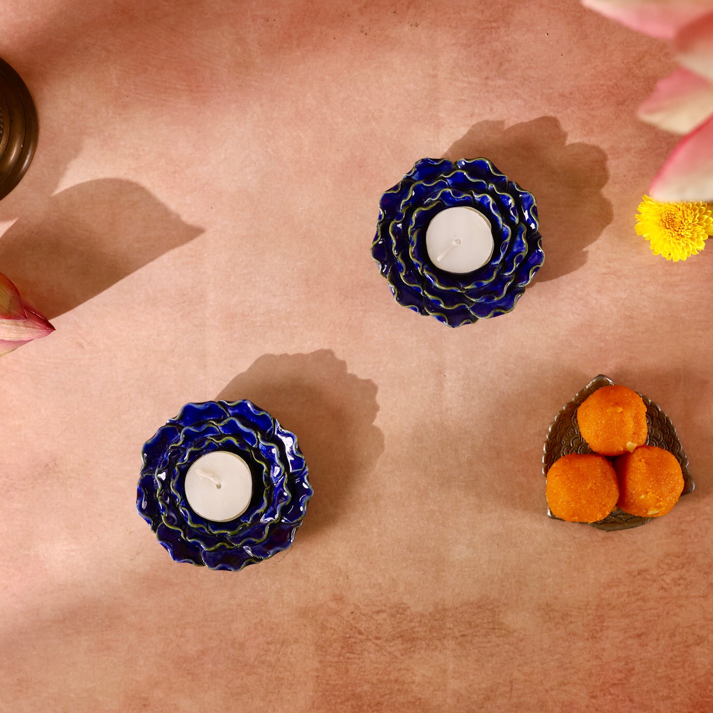 Neelam Studio Pottery Flower Diya - Set of 2