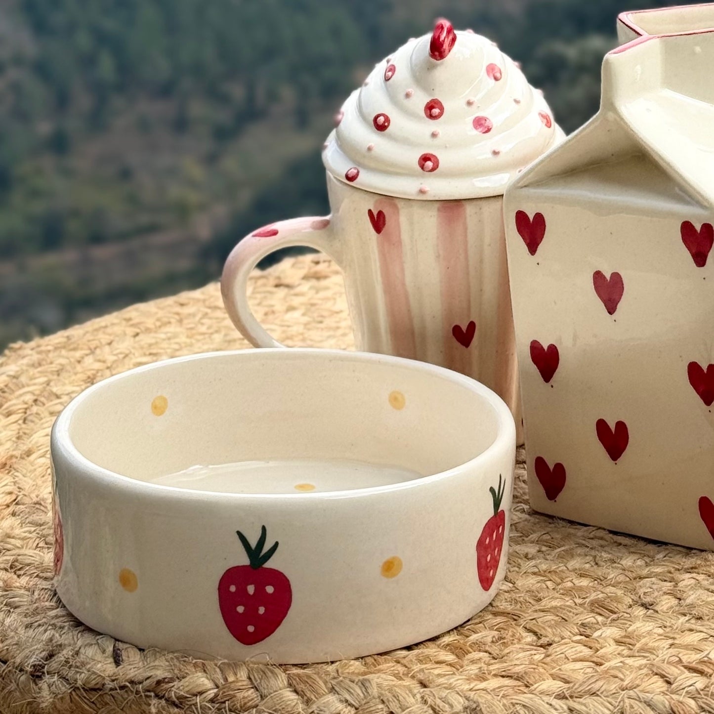 Strawberries and Daisies Handpainted Flat Bowl