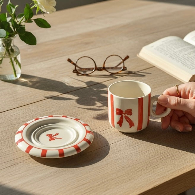 Bows and Stripes Cloud Whimsical Cup & Saucer Set - Enchanting Collection