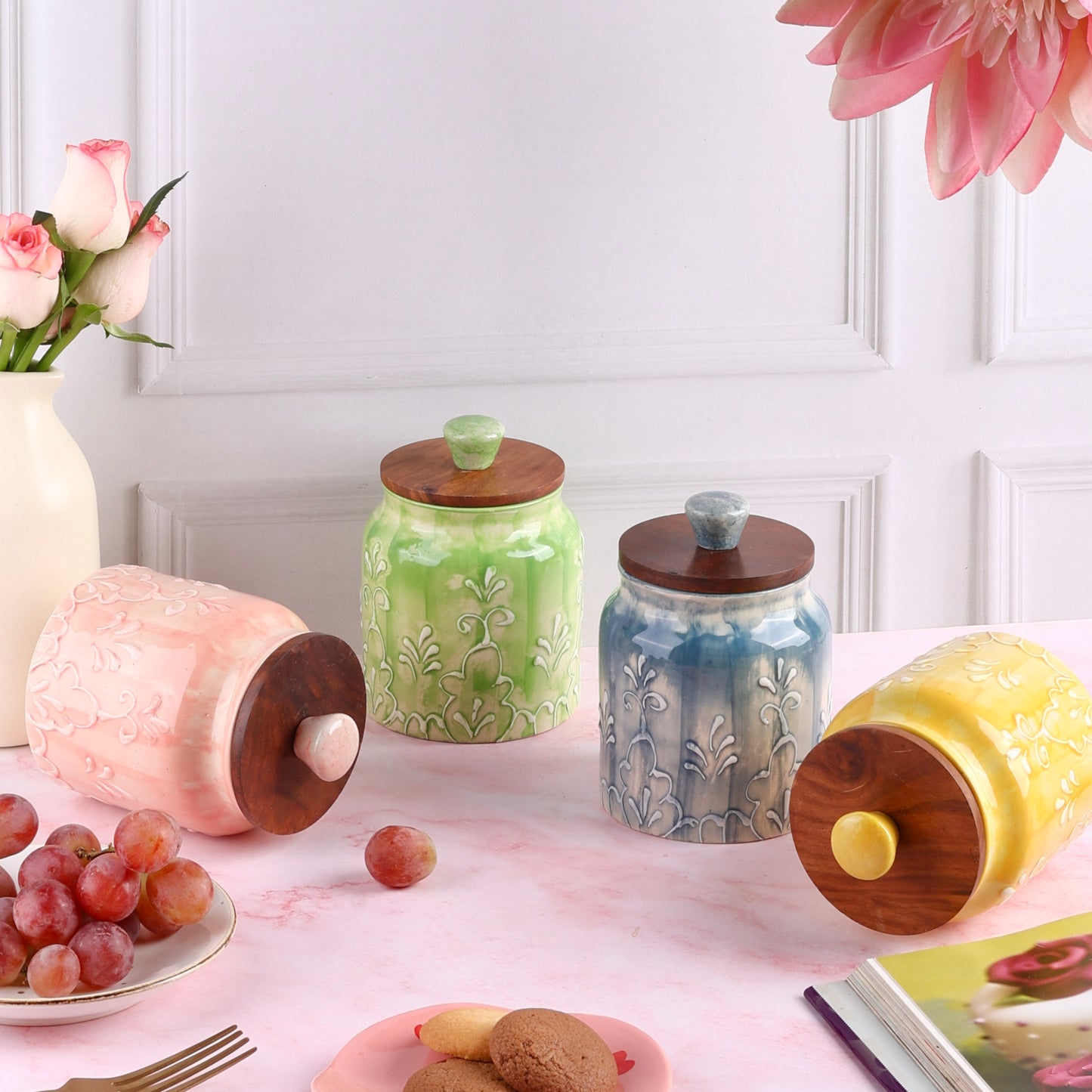 Embossed Grapevine Airtight Ceramic Jars