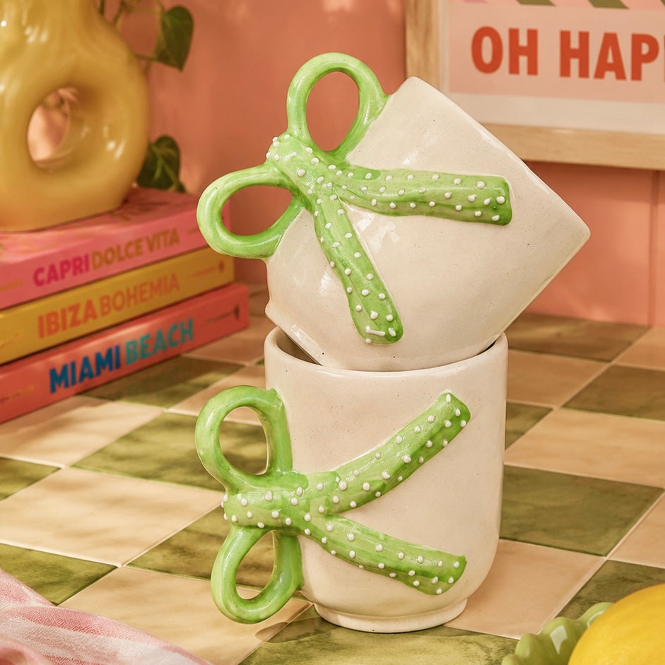 Coquette Handmade Green Bow Polka Mug - Set of 2