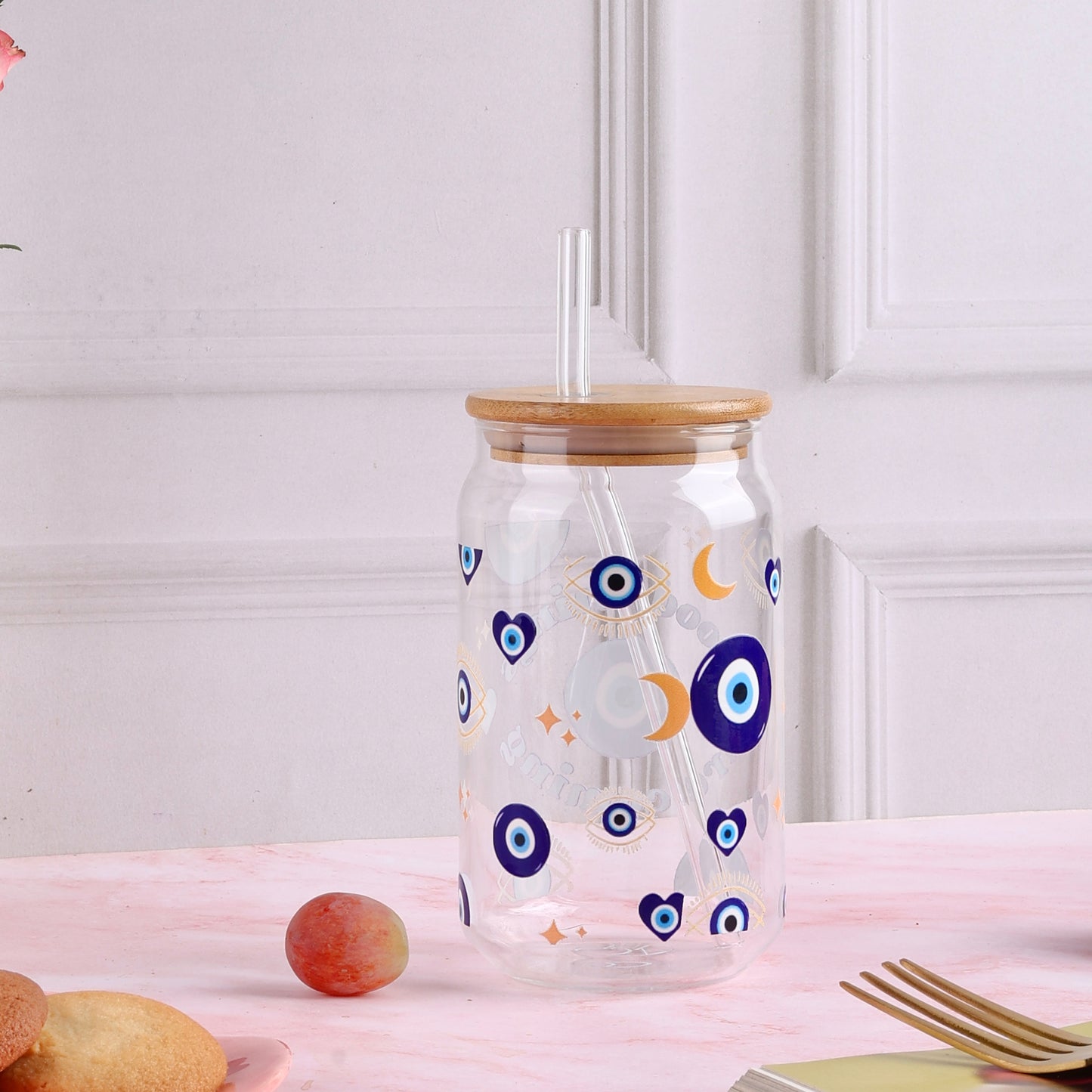 Good Things Are Coming Evil Eye Ophelia Glass Sipper - with UV DTF sticker