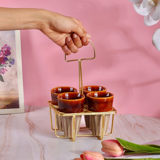 Set of 4 Chai Glasses with Golden Stand - Brown