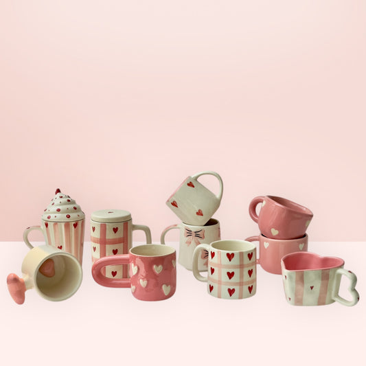 Set of 10 Statement Pink Heart and Bow Mugs