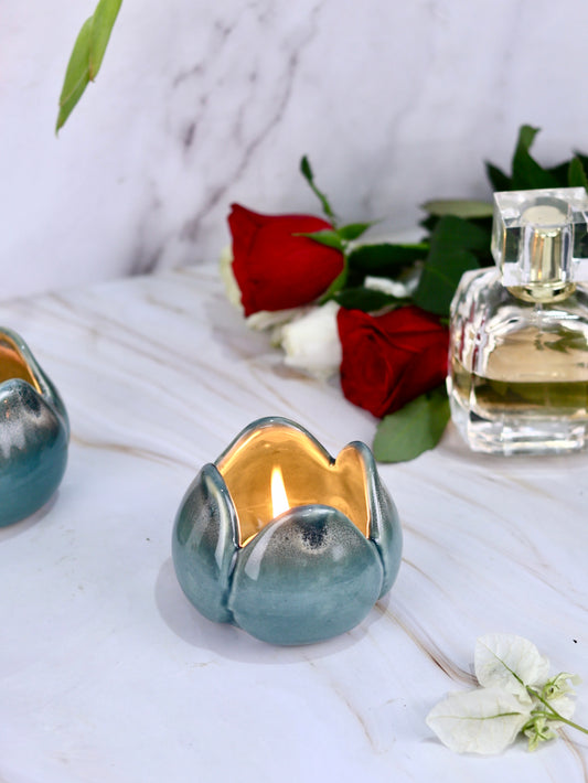 Green Lotus T-light holder set of 2