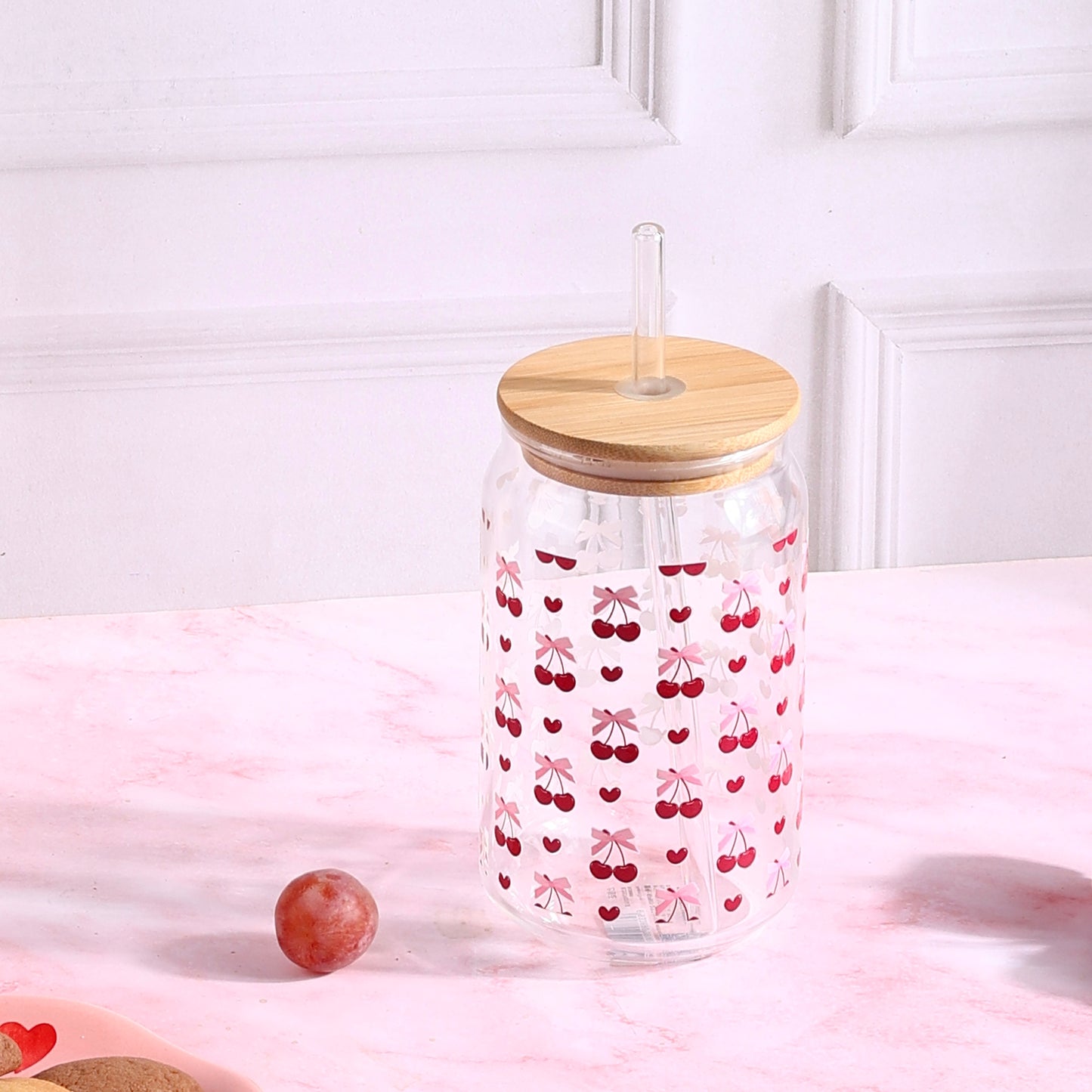 Coquette Cherry Hwart Nows Ophelia Glass Sipper - with UV DTF sticker