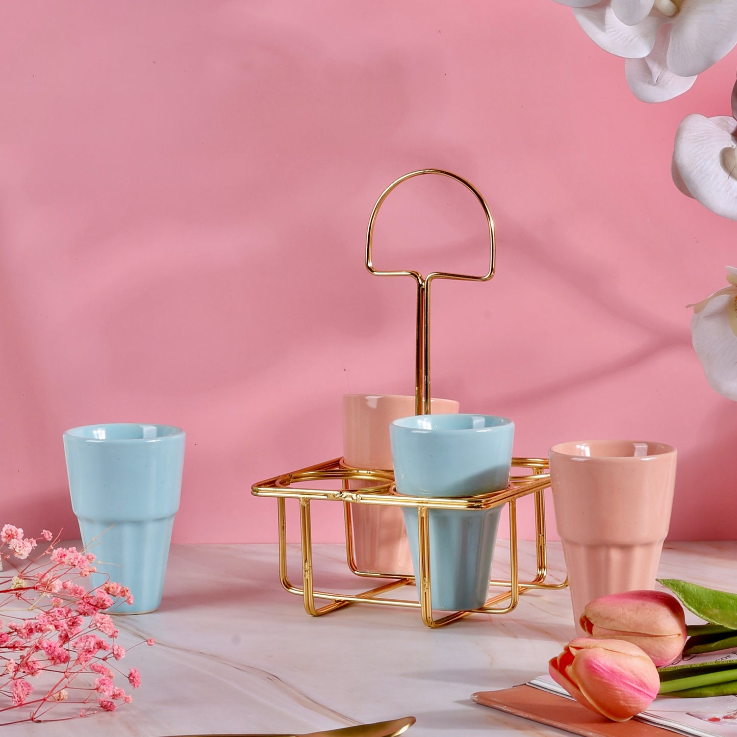 4 Chai Glasses with Golden Stand Set - Baby Pink and Blue