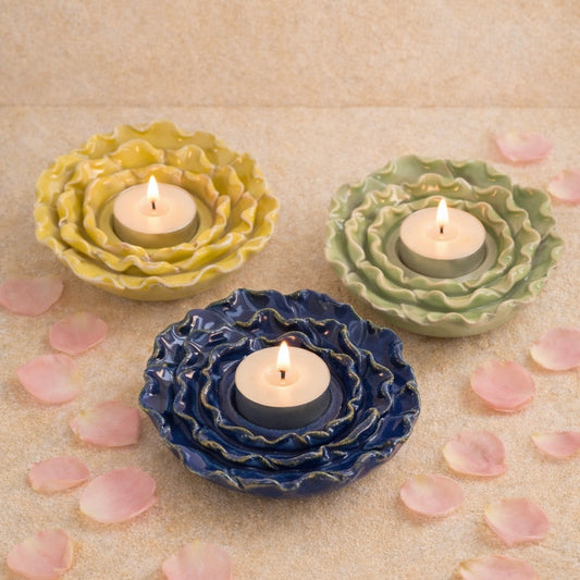 Handmade Ceramic Flower t-light holder - Pack of 3 Green, Blue and Yellow