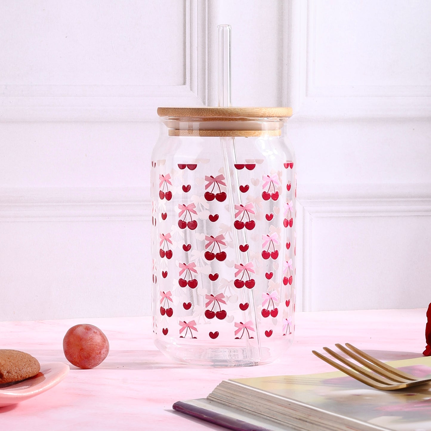 Coquette Cherry Hwart Nows Ophelia Glass Sipper - with UV DTF sticker