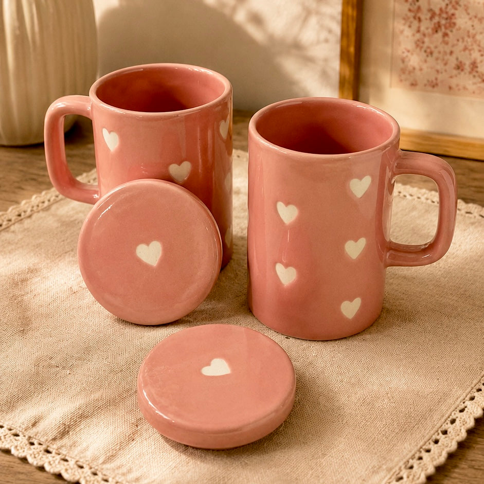Pink Heart Mug with Lid - Pack of 2