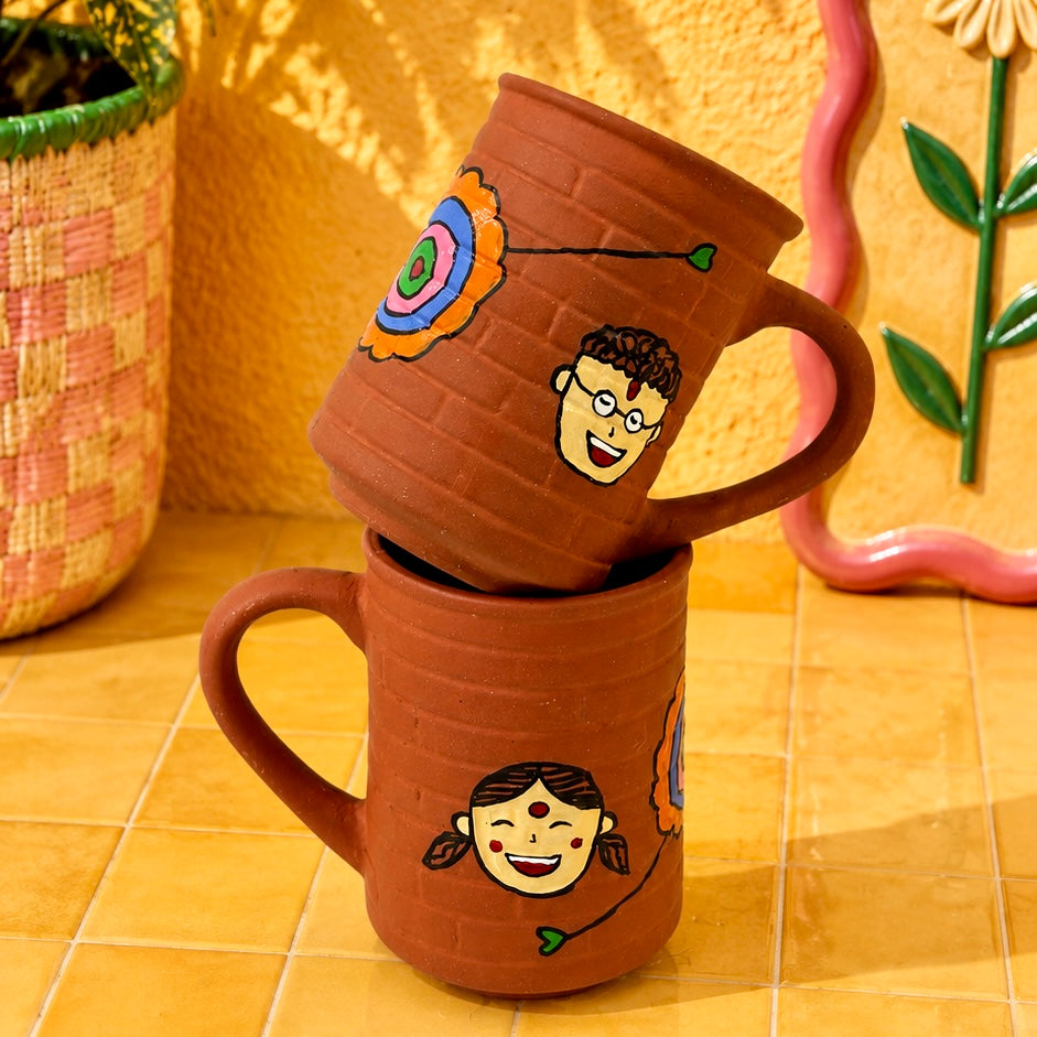 Handpainted Rakhi Terracotta Mug - Set of 2