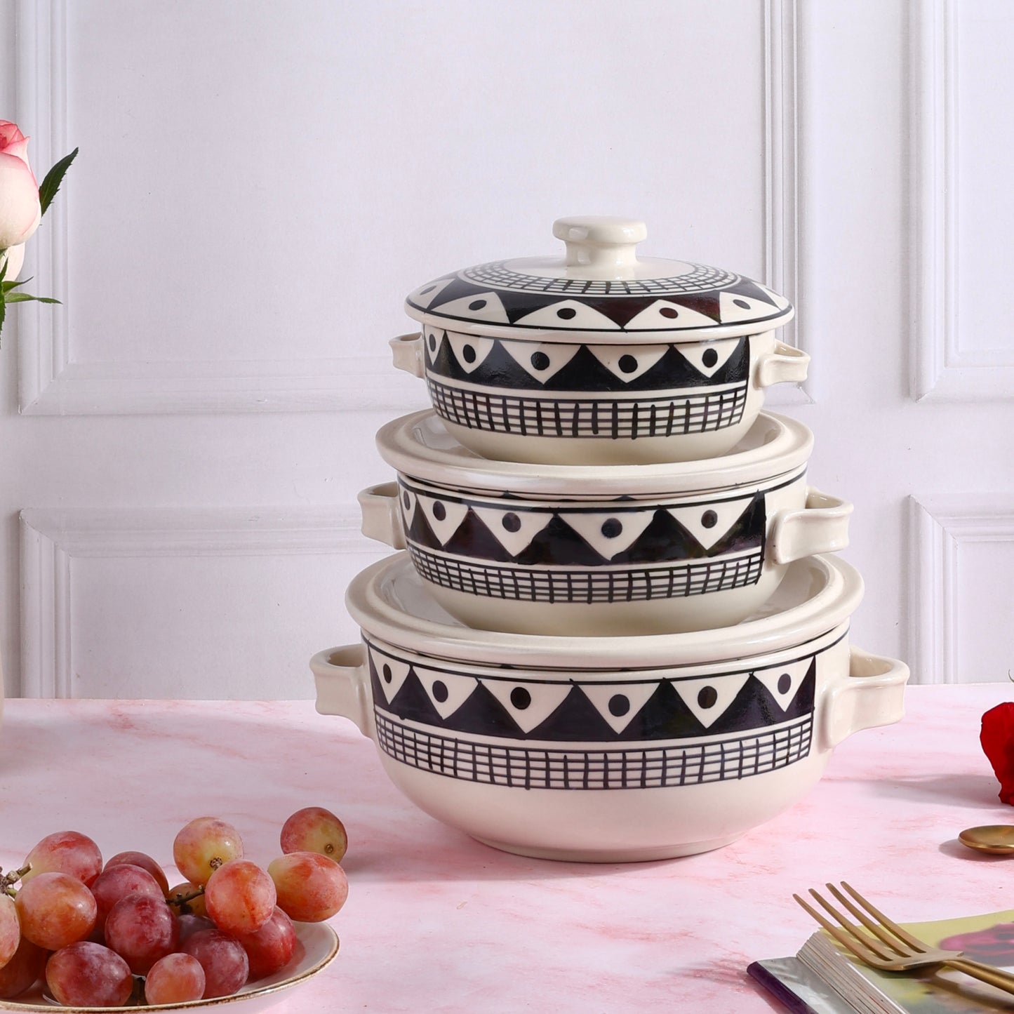 Ebony and Ivory Handpainted Casserole Set