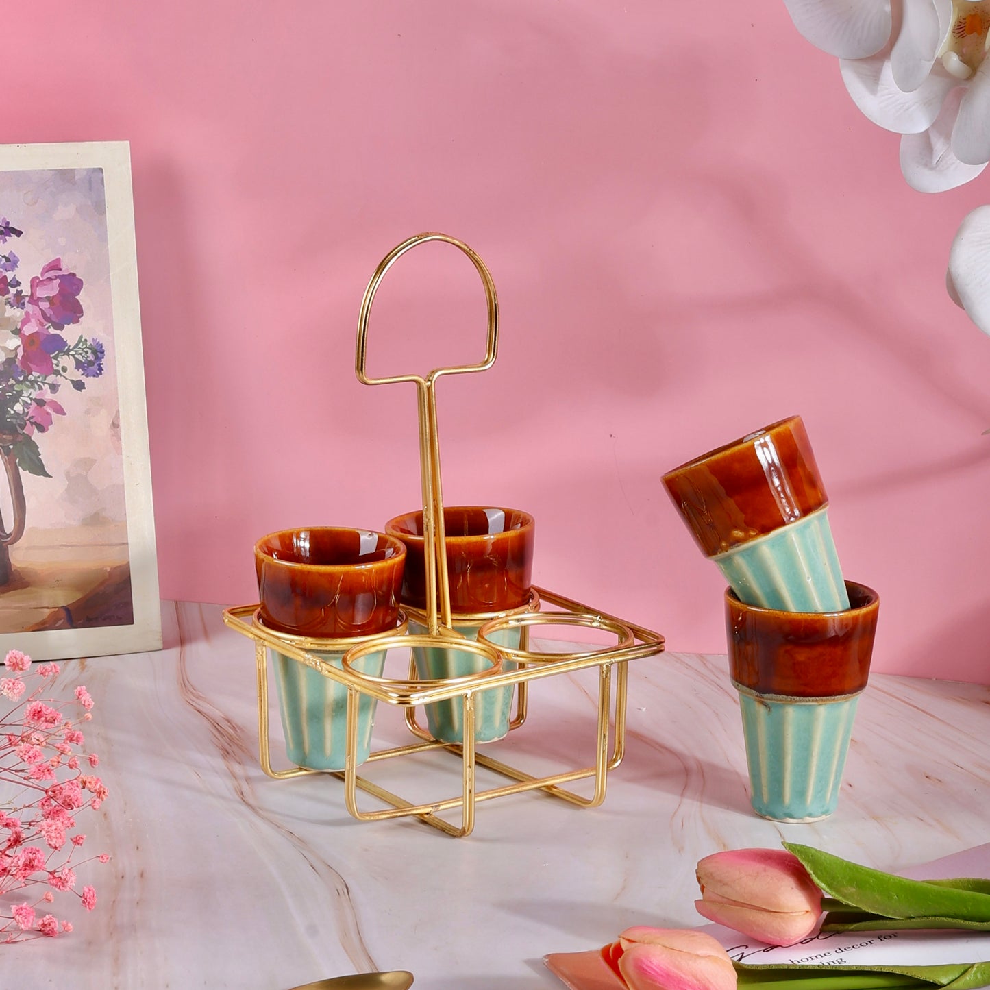 4 Chai Glasses with Golden Stand Set - Mint