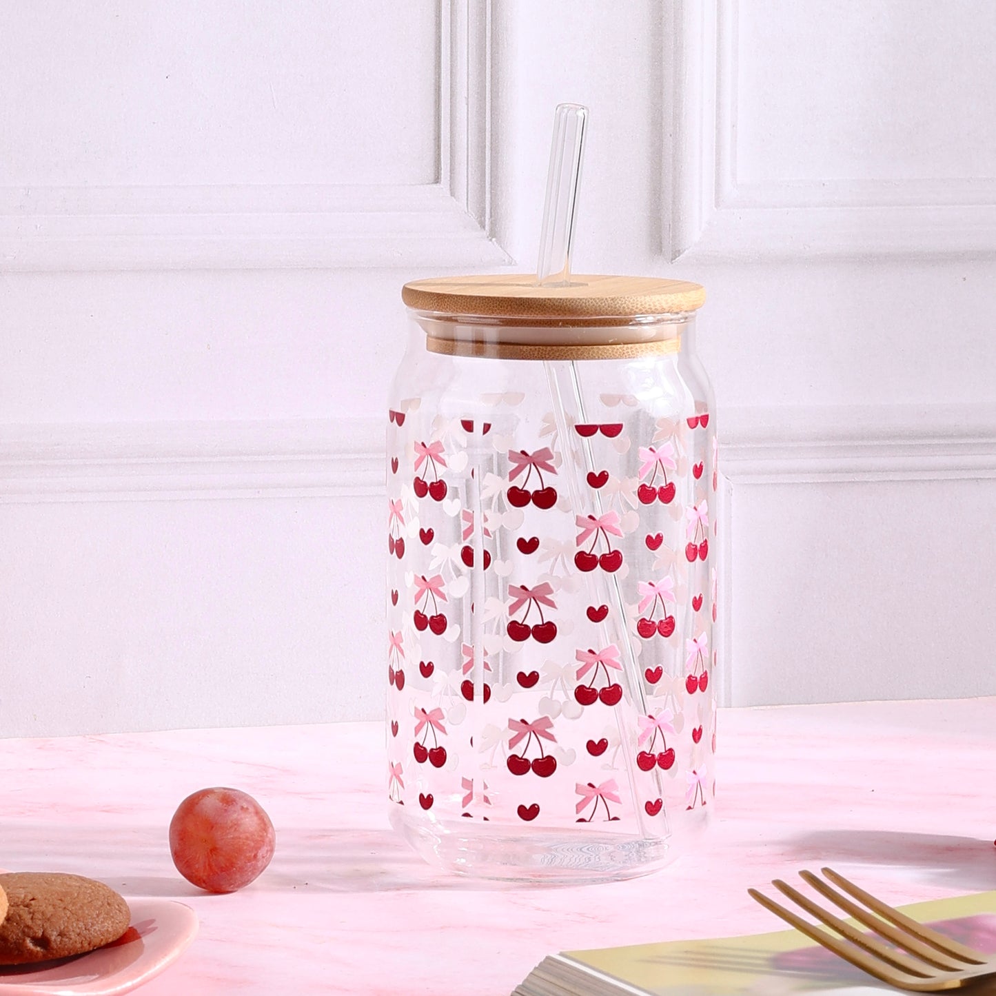 Coquette Cherry Hwart Nows Ophelia Glass Sipper - with UV DTF sticker