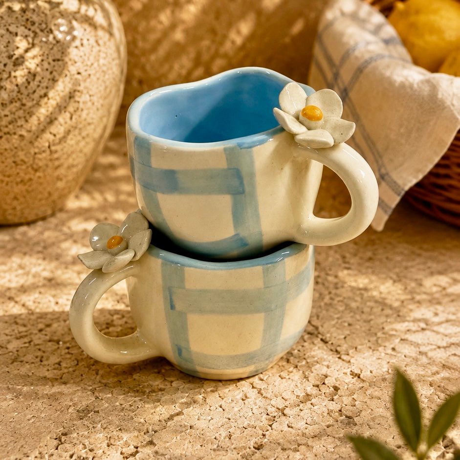 Pixie Blue 4D Plumeria Checkered Mugs - Set of 2