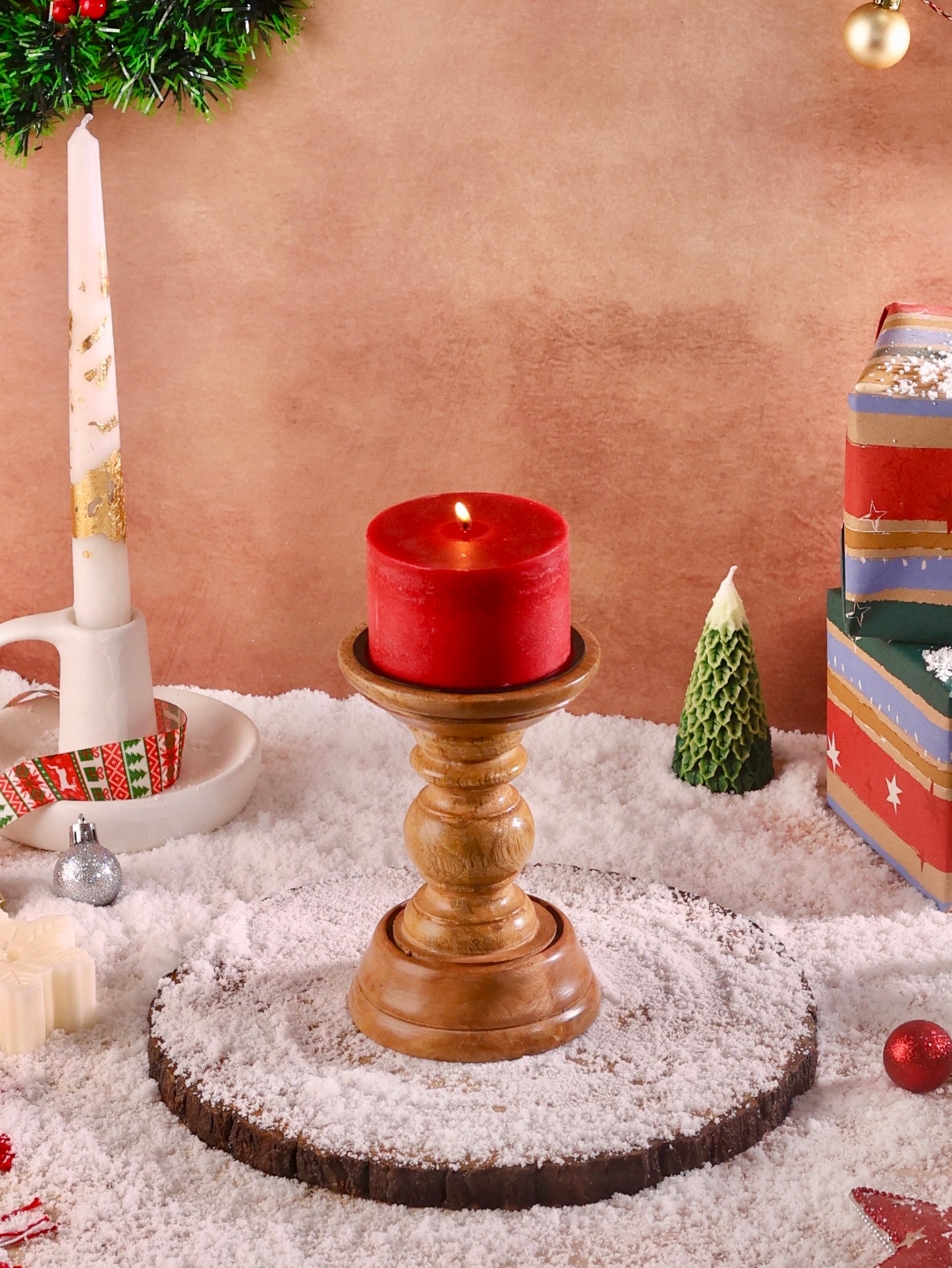Wooden Candle holder with red pillar candle