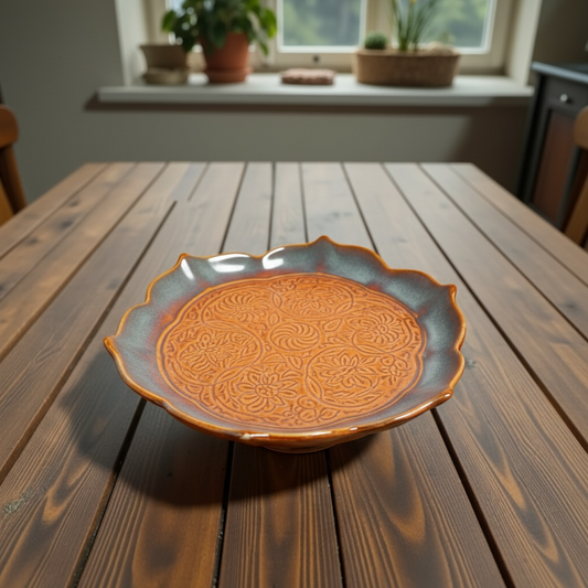 Vintage Embossed Dual Glaze Studio Pottery Lotus Shaped Ceramic Cake Stand