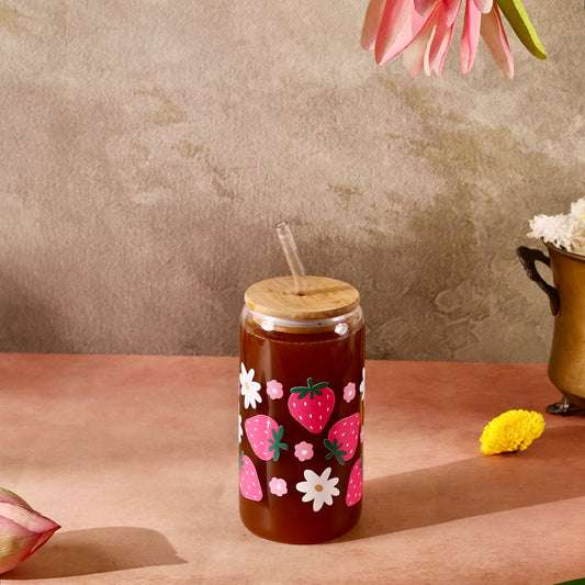 Strawberry Garden Ophelia Glass Sipper - with UV DTF sticker