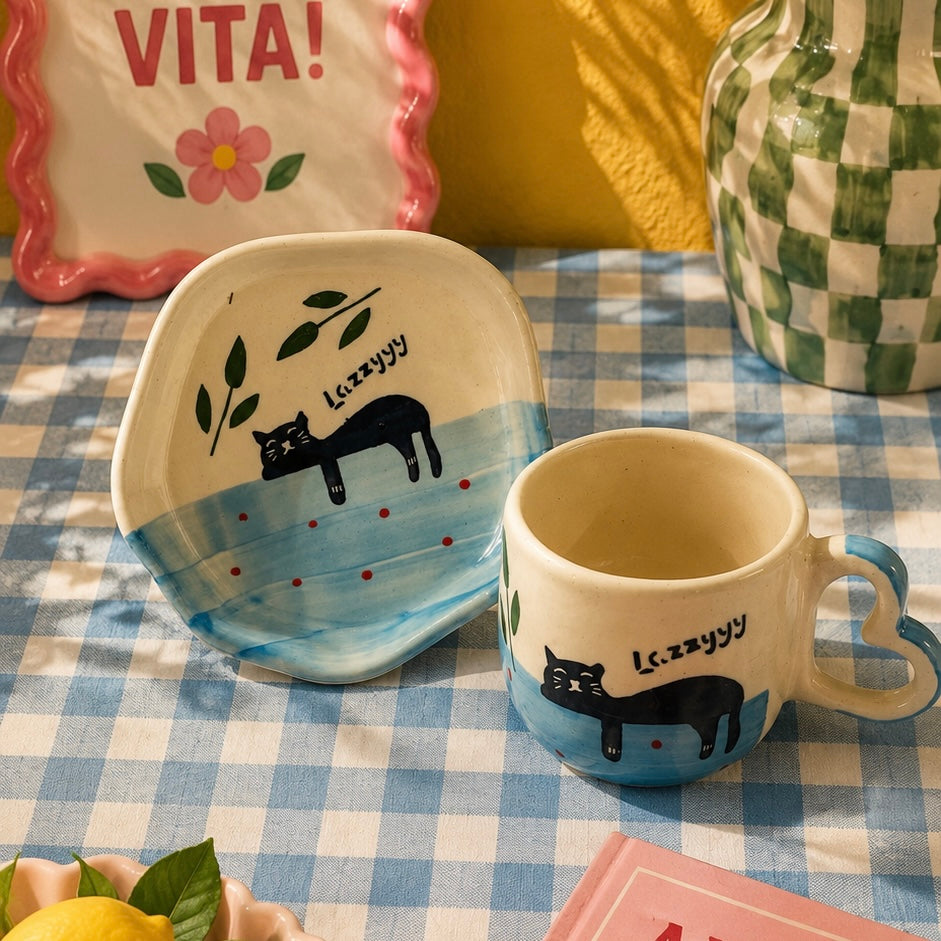 Lazzyyy Cat Duo Cup and Snack Plate