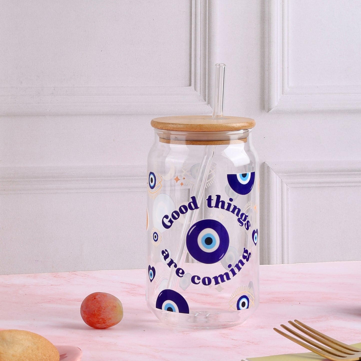 Good Things Are Coming Evil Eye Ophelia Glass Sipper - with UV DTF sticker