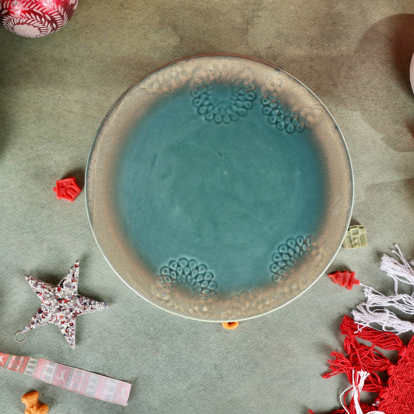 Vintage Embossed Studio Pottery Ceramic Cake Stand