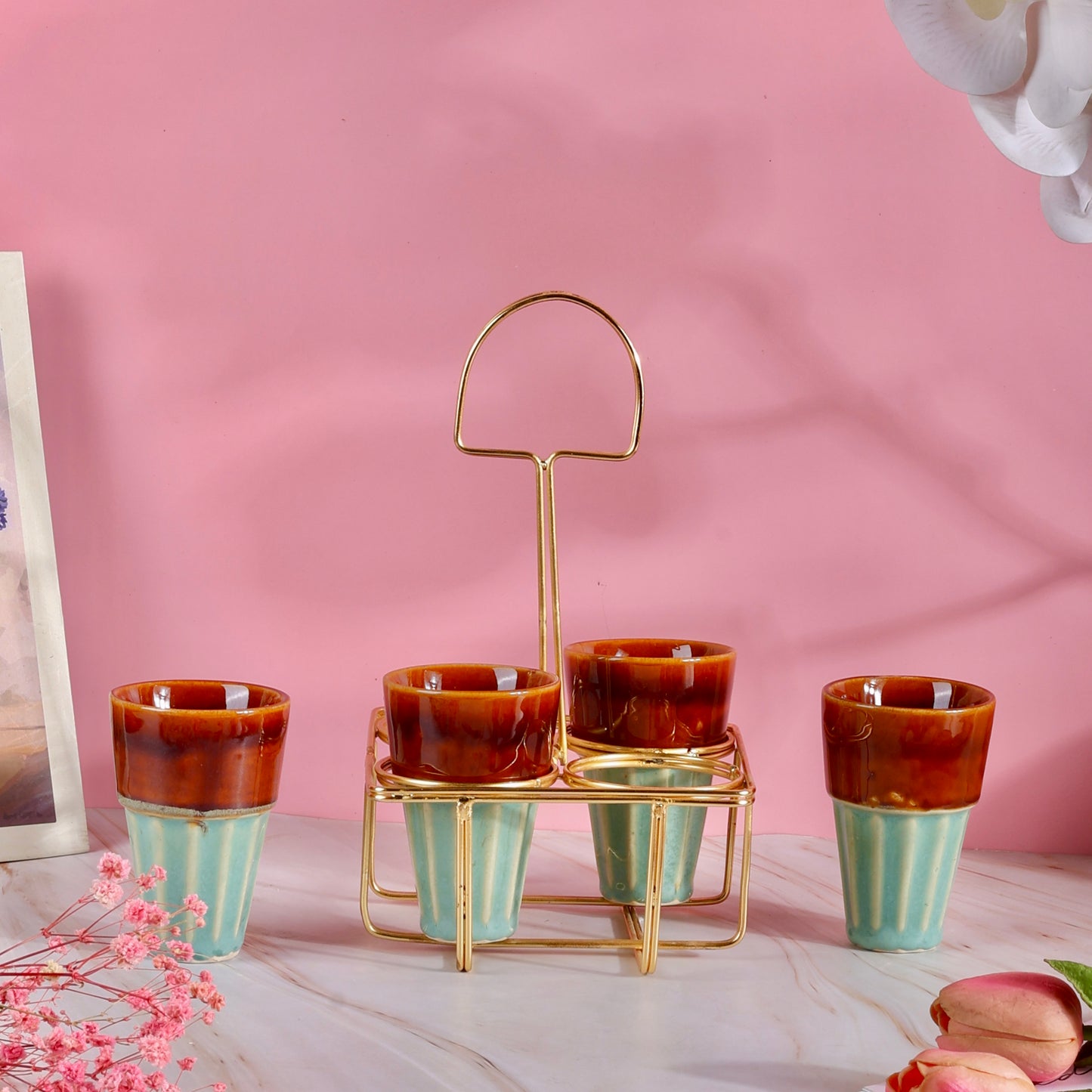 4 Chai Glasses with Golden Stand Set - Mint