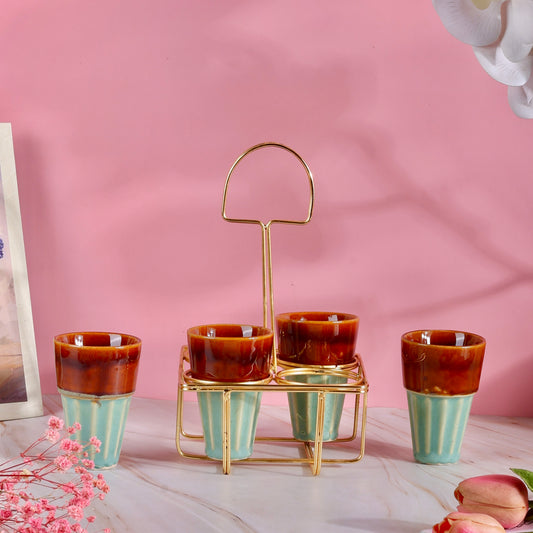 Set of 4 Chai Glasses with Golden Stand - Mint
