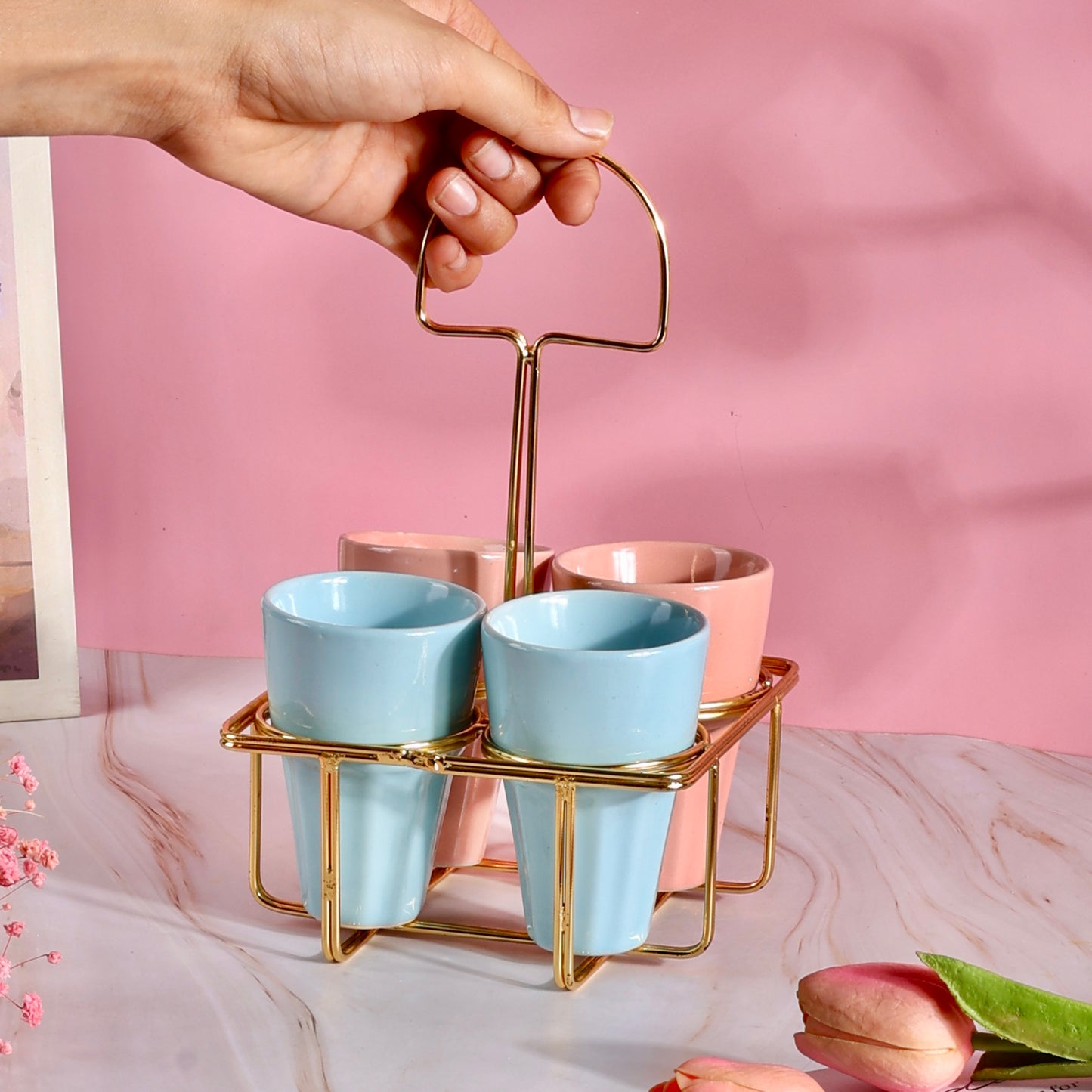 4 Chai Glasses with Golden Stand Set - Baby Pink and Blue