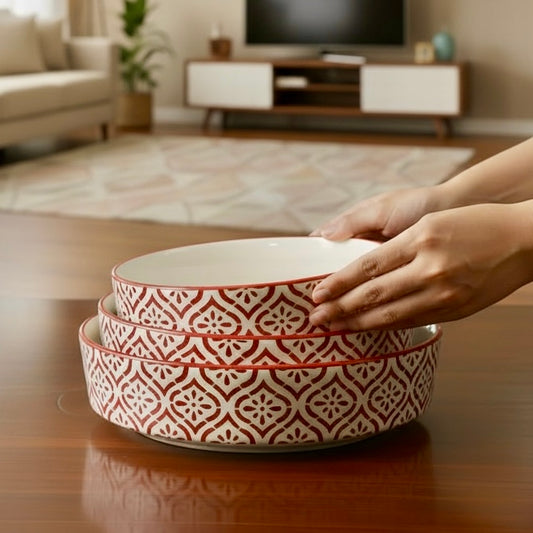 Red Lattice 3 Piece Nesting Flat Bowl Set