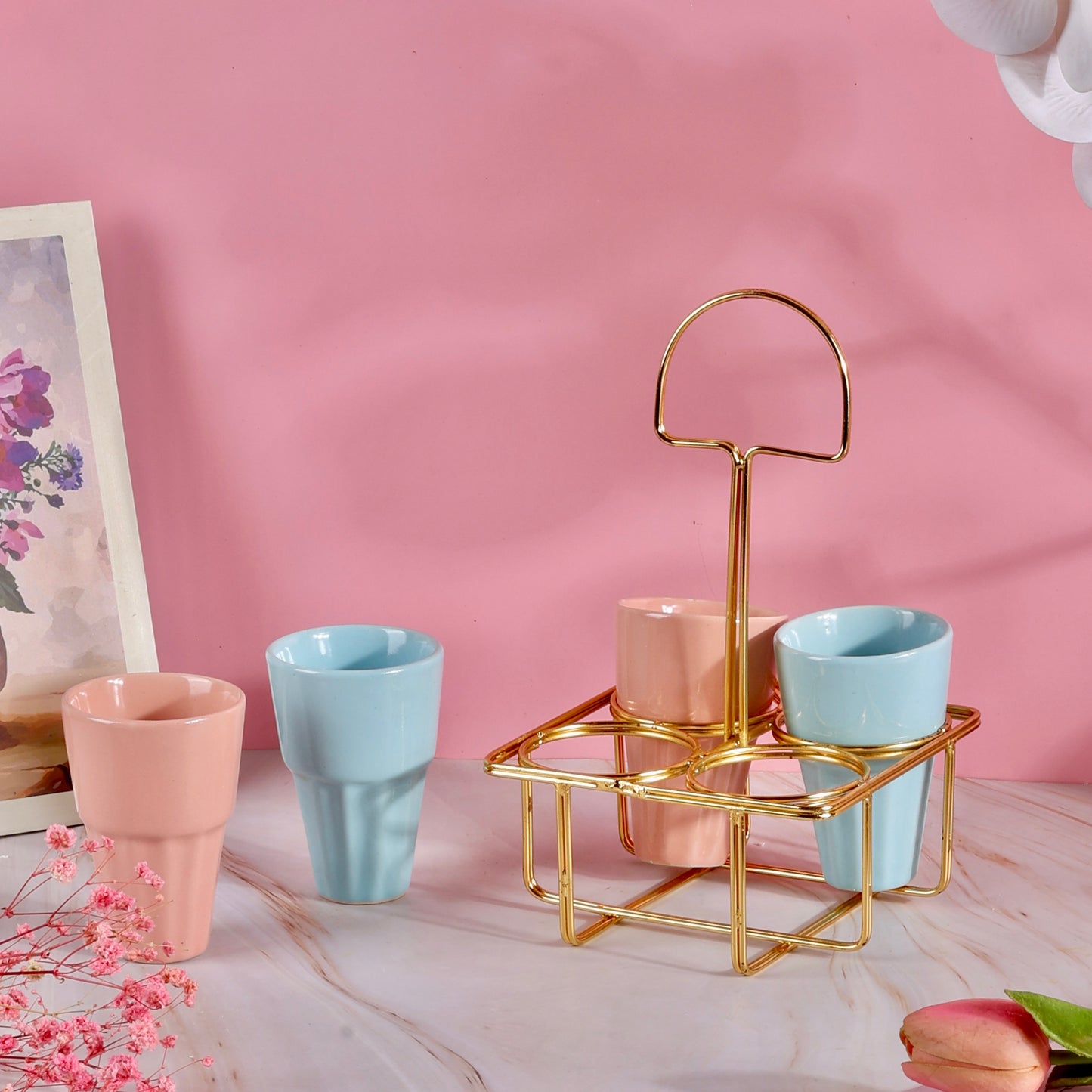 4 Chai Glasses with Golden Stand Set - Baby Pink and Blue