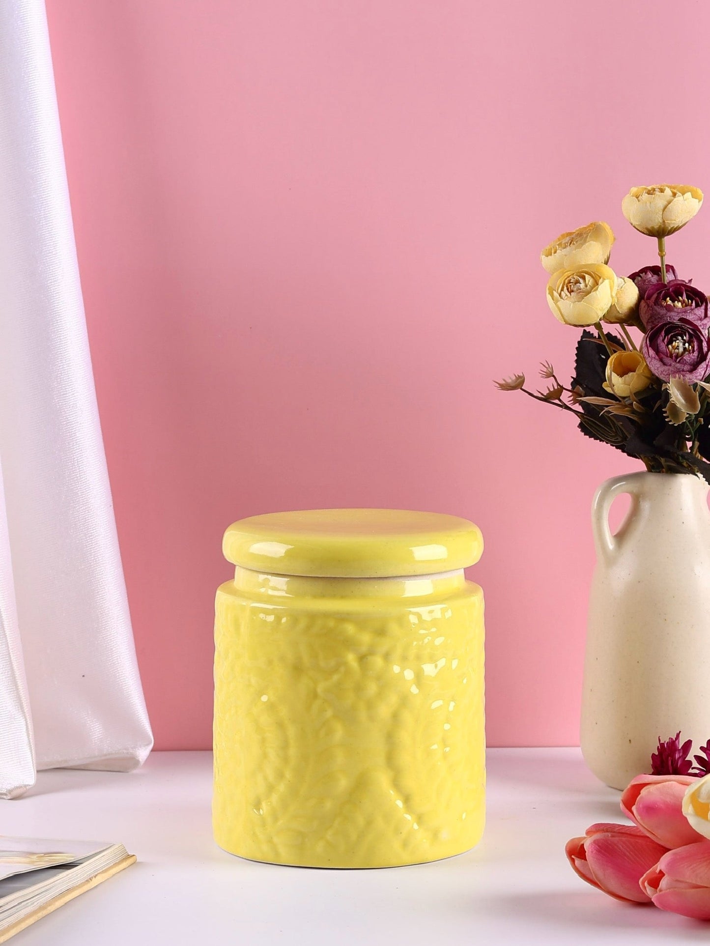 Embossed Ceramic Jars Set - Blue, Red, White & Yellow