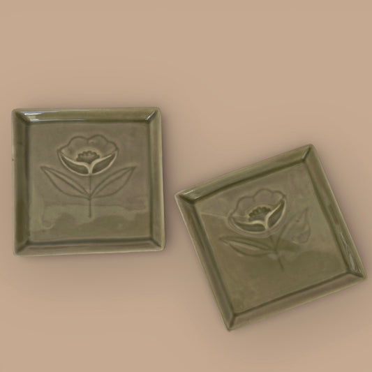 Rani Bagh Olive Grey Embossed Square Snack Plate - Pack of one