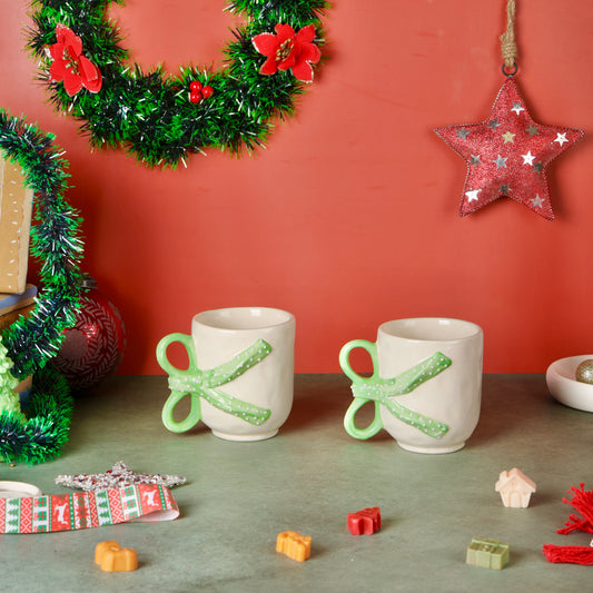 Coquette Handmade Green Bow Polka Mug - Set of 2