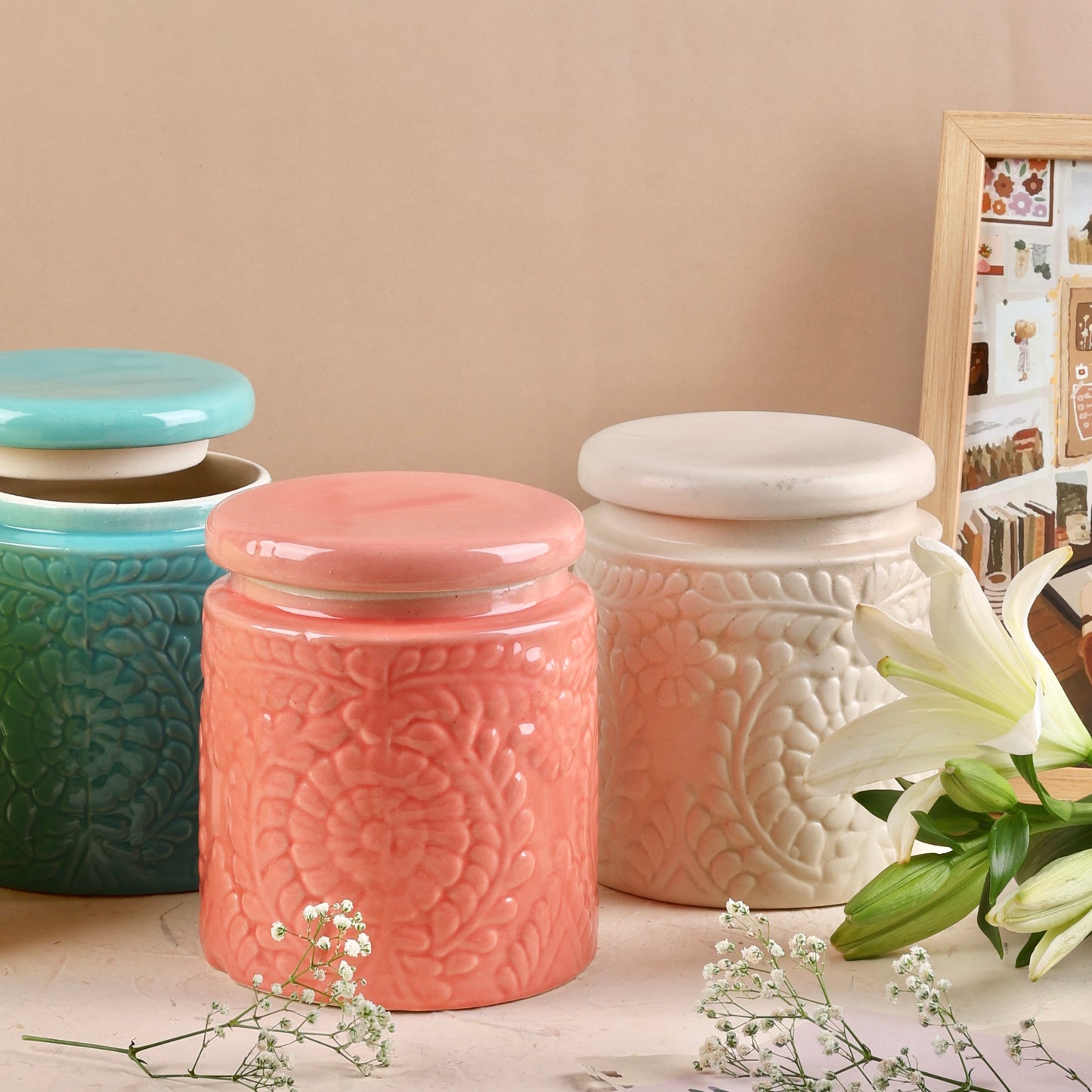 Embossed Ceramic Jars Set - Blue, Red, White & Yellow