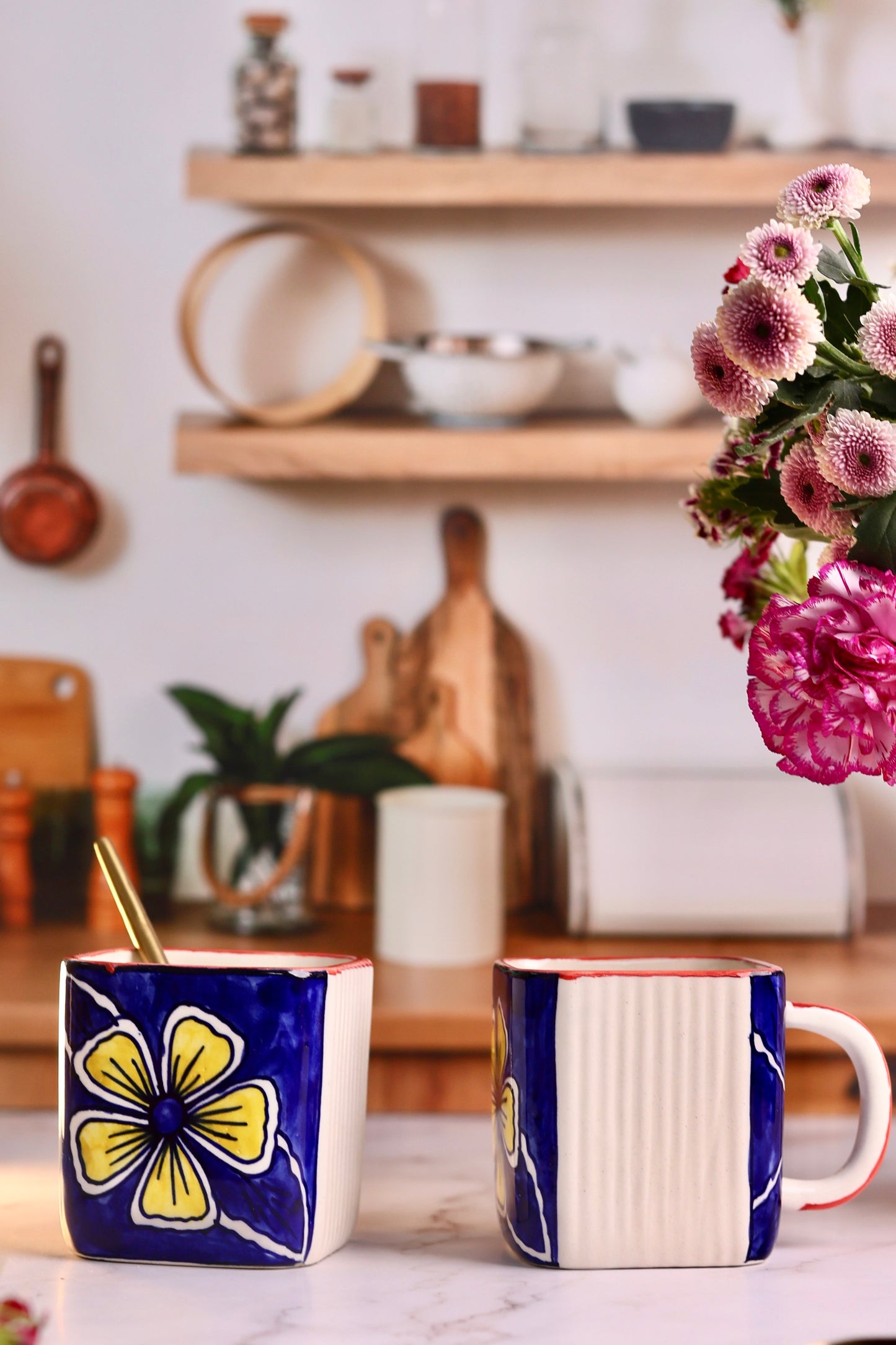 Floral Square Blue Mug - Set of 2