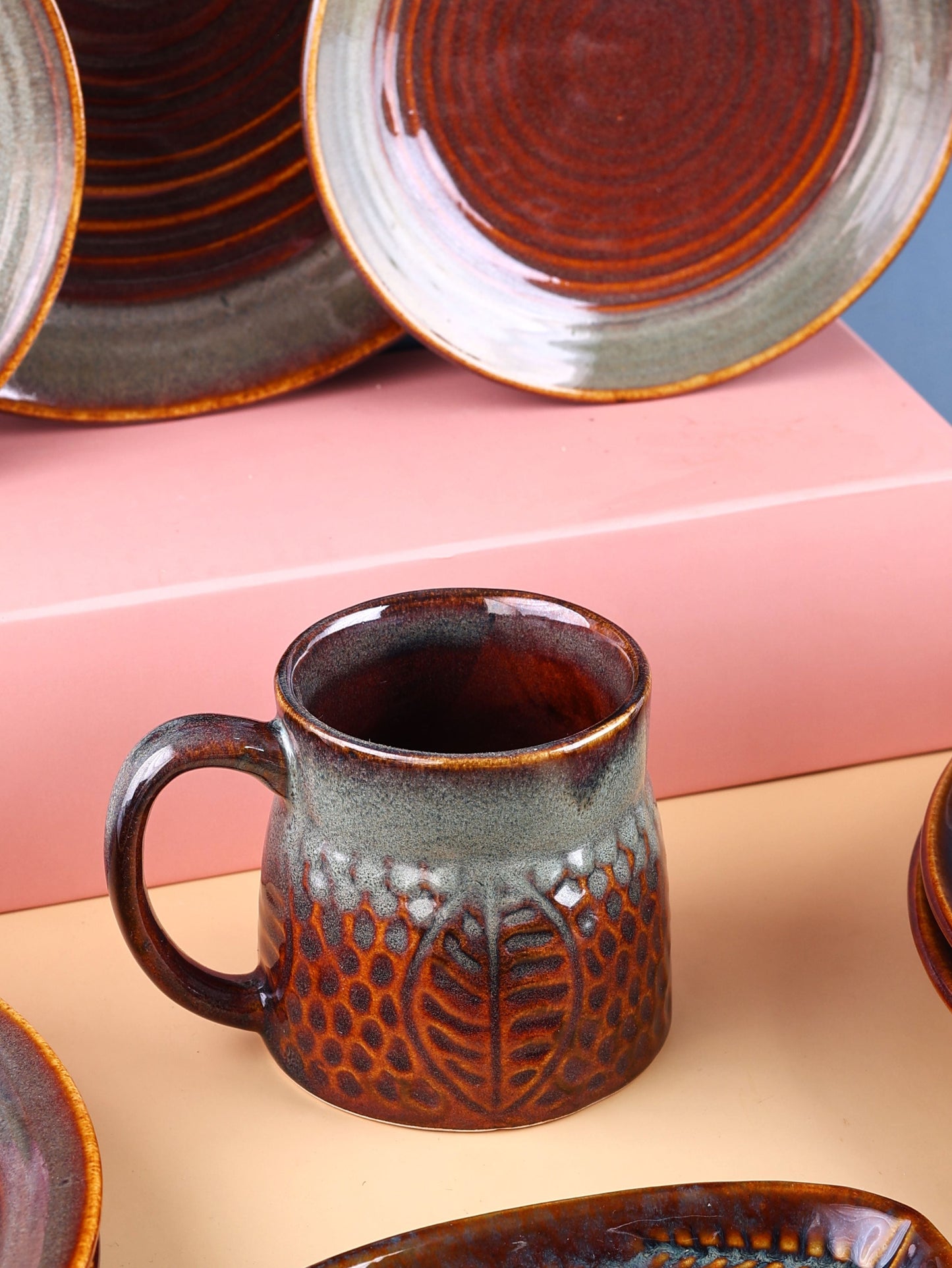 Autumn Embossed Stoneware Mugs - Fall Colors pack of 2