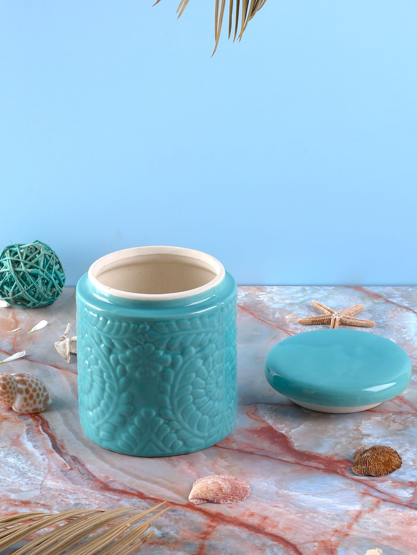 Embossed Ceramic Jars Set - Blue, Red, White & Yellow