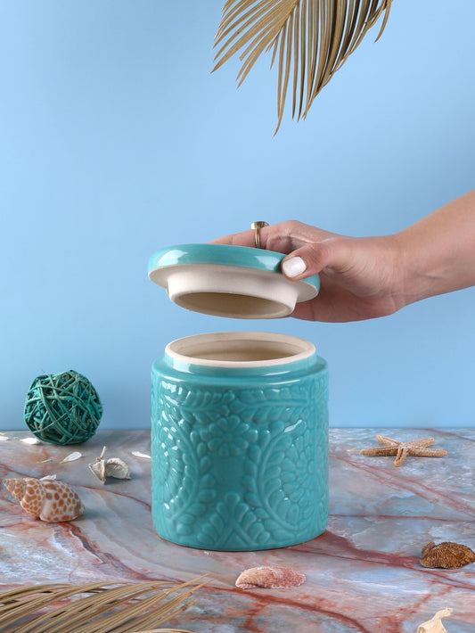 Embossed Ceramic Jars Set - Blue, Red, White & Yellow