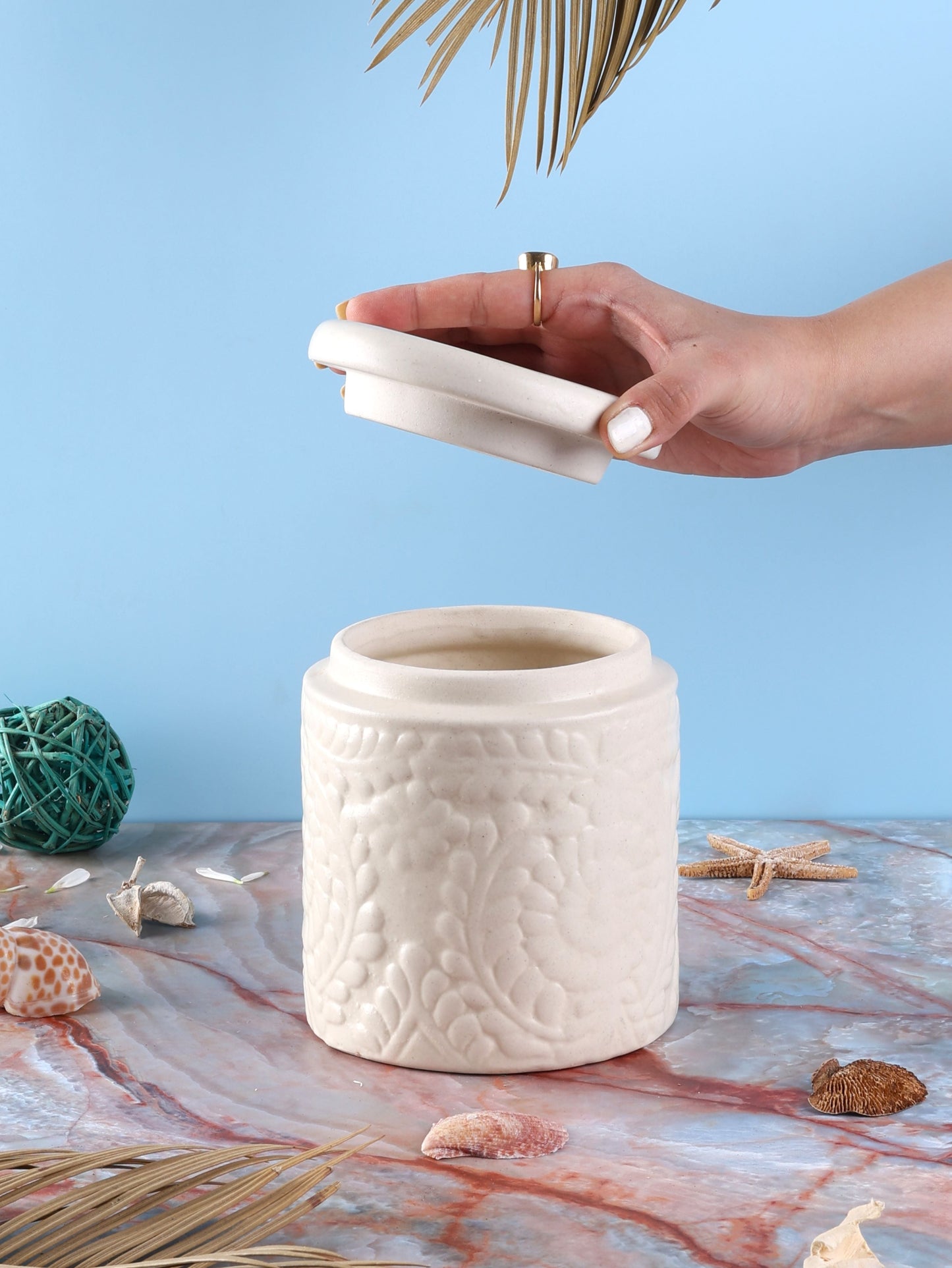 Embossed Ceramic Jars Set - Blue, Red, White & Yellow