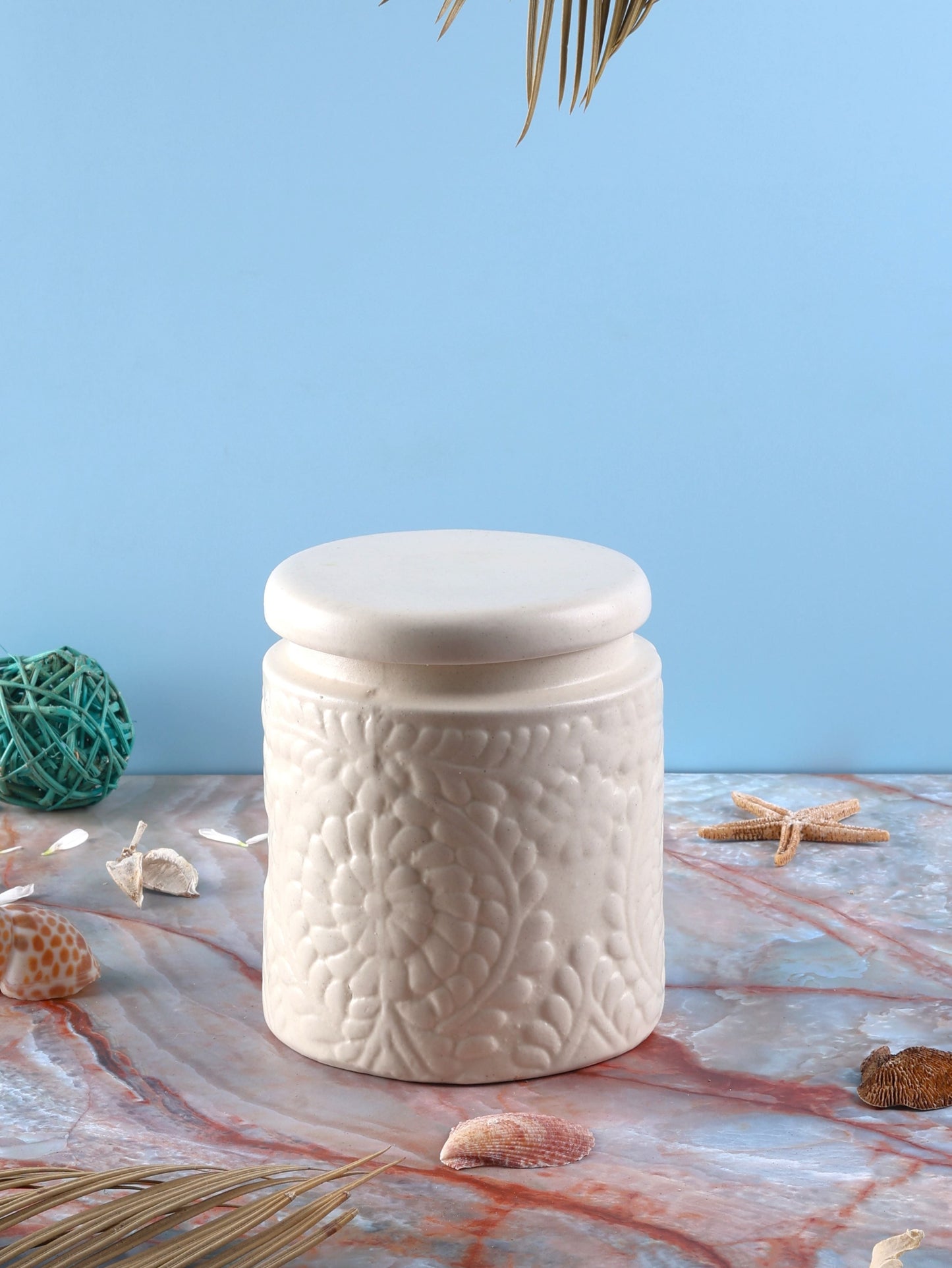 Embossed Ceramic Jars Set - Blue, Red, White & Yellow