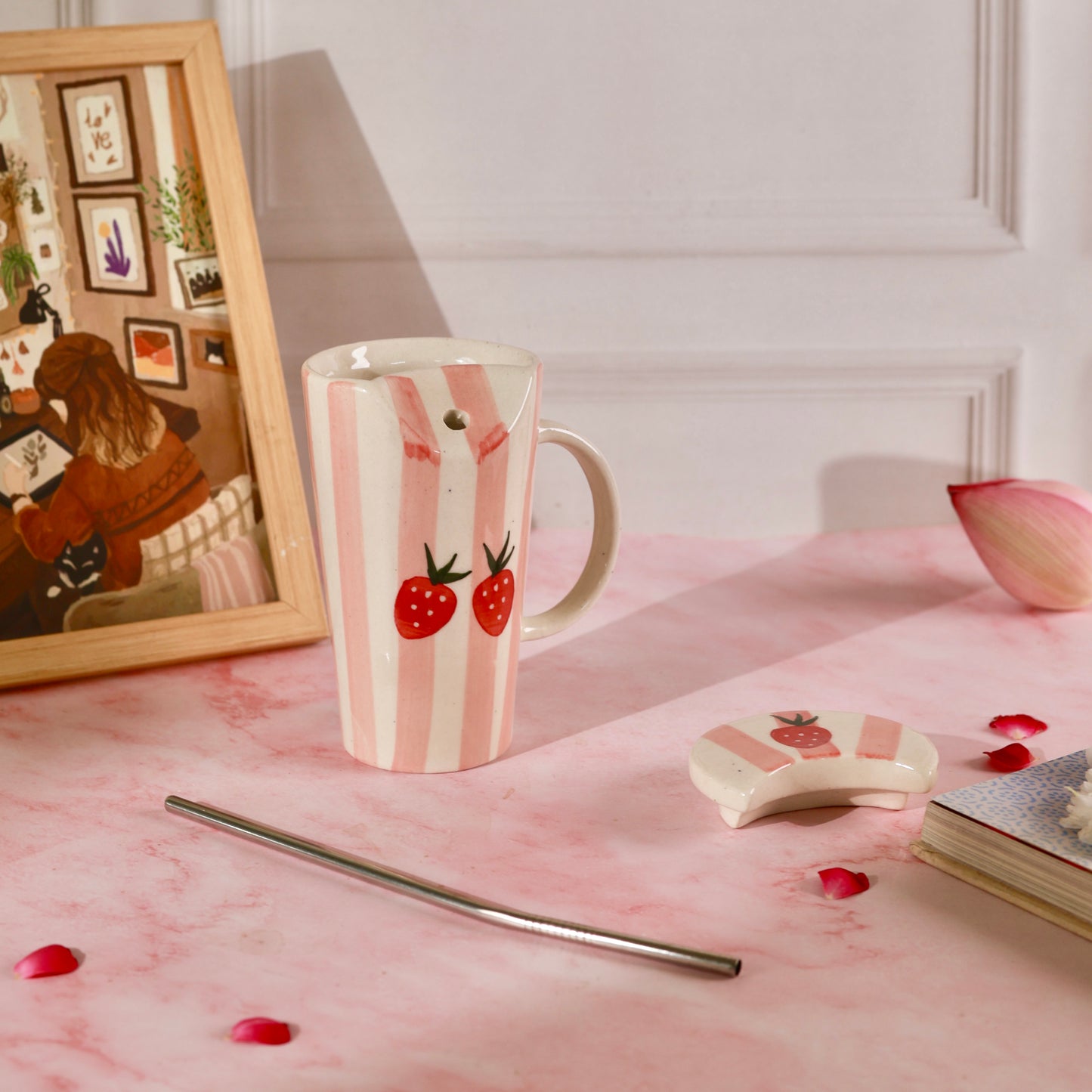 Strawberry Stripe Sipper - with stainless steel straw